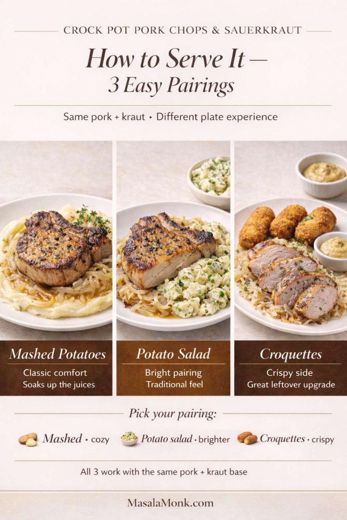 Not sure what to serve with crock pot pork chops and sauerkraut? This pairing guide shows 3 easy ways to plate it: creamy mashed potatoes (classic comfort), potato salad (bright and traditional), or crispy croquettes (great for a leftover upgrade). Same pork + kraut base, three completely different dinner vibes. Save this for meal planning, and click through for the full recipe, timing, and doneness guide on MasalaMonk.com.
