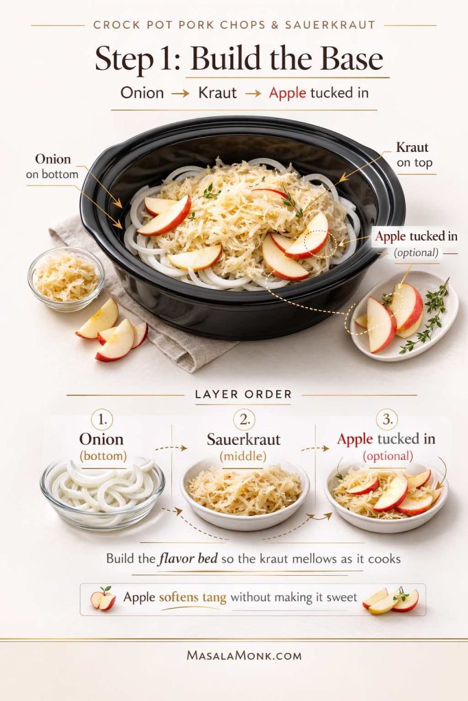 Step 1 method card for crock pot pork chops and sauerkraut showing how to build the base in a slow cooker: sliced onions on the bottom, sauerkraut layered on top, and optional apple slices tucked into the kraut to soften tang without making the dish sweet.