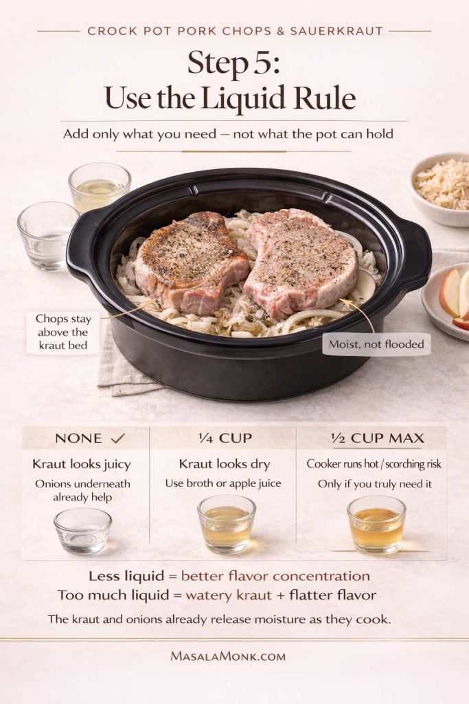 Step 5 (the liquid rule) is where a lot of crock pot pork chops and sauerkraut recipes go wrong. This method card shows exactly how much liquid to add based on what your kraut looks like: none if it’s already juicy, 1/4 cup if it looks dry, and 1/2 cup max only if your slow cooker runs hot. Keeping the pot moist—not flooded—helps prevent watery sauerkraut and protects flavor. Read the full recipe for the complete step-by-step method, timing, and temperature guide (145°F finish line), then save this to Pinterest so you can use it while cooking.