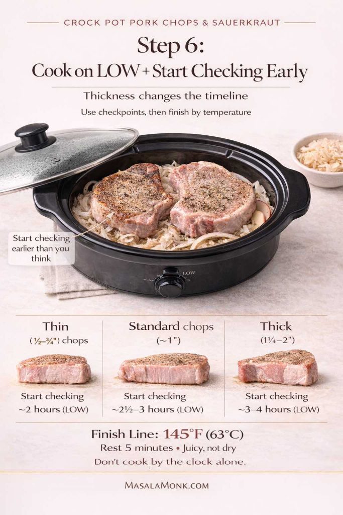 Step 6 method card for crock pot pork chops and sauerkraut showing pork chops on a sauerkraut and onion bed in a slow cooker, with timing checkpoints by chop thickness: thin chops start checking around 2 hours on LOW, standard chops around 2.5 to 3 hours, and thick chops around 3 to 4 hours. The card emphasizes cooking on LOW, checking early, and finishing at 145°F (63°C) with a 5-minute rest to keep pork chops juicy.