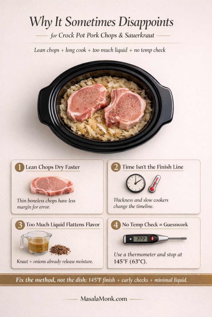 Infographic for crock pot pork chops and sauerkraut explaining why the dish sometimes turns out dry or disappointing, with four common mistakes: lean chops dry faster, time is not the finish line, too much liquid flattens flavor, and no thermometer check leads to guesswork. Includes a 145°F (63°C) finish reminder.