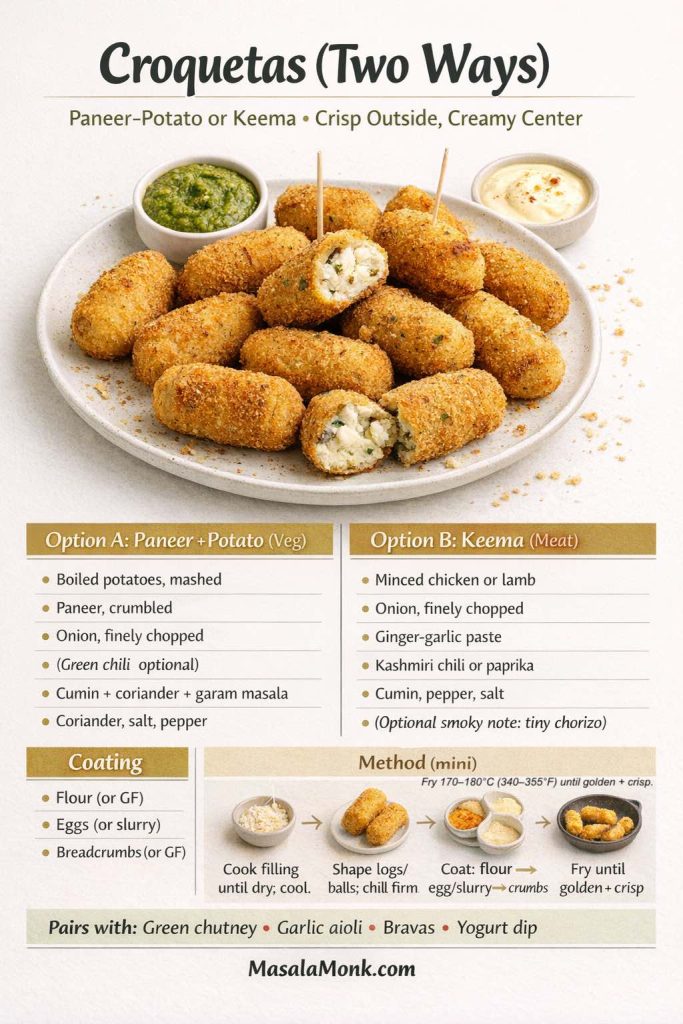 Recipe card titled “Croquetas (Two Ways)” showing golden croquetas with a cut-open creamy center, with two filling options (paneer-potato vegetarian and keema meat). Includes coating steps (flour, egg or slurry, breadcrumbs), mini method flow (cook filling, shape/chill, coat, fry), and dip pairings (green chutney, garlic aioli, bravas, yogurt dip). MasalaMonk.com footer.