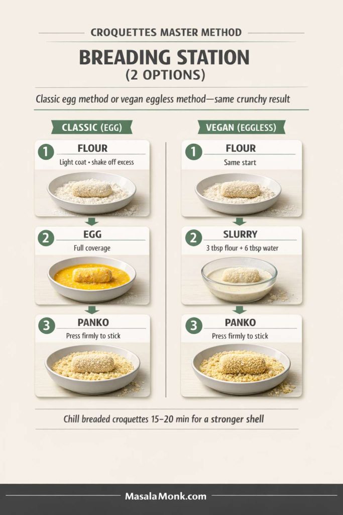Infographic showing a croquettes breading station with two methods: classic (egg) and vegan (eggless). Both use flour then panko; the classic method dips in egg, while the vegan method uses a slurry (3 tbsp flour + 6 tbsp water). Note says to chill breaded croquettes 15–20 minutes for a stronger shell. MasalaMonk.com in the footer.