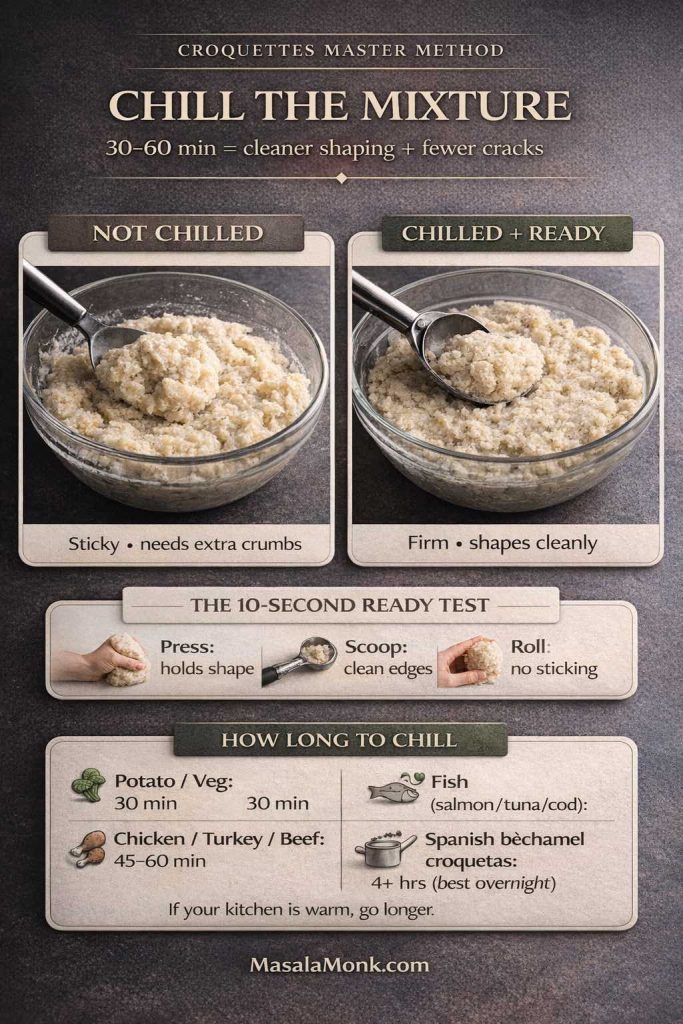 Infographic showing why to chill croquettes mixture 30–60 minutes before shaping: not chilled mixture is sticky, chilled mixture shapes cleanly. Includes a 10-second readiness test (press, scoop, roll) and a “how long to chill” guide for potato/veg, fish (salmon/tuna/cod), chicken/turkey/beef, and Spanish béchamel croquetas, with MasalaMonk.com footer.