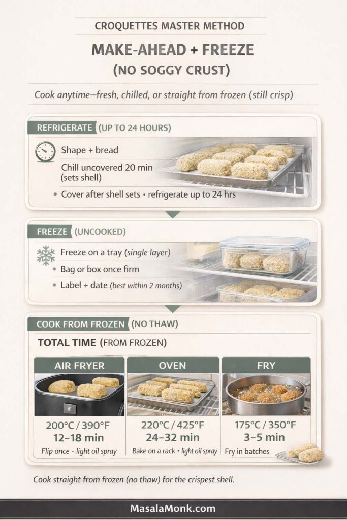 Infographic titled “Croquettes Master Method: Make-Ahead + Freeze (No Soggy Crust)” showing how to refrigerate breaded croquettes up to 24 hours, freeze uncooked croquettes on a tray, and cook croquettes from frozen without thawing. It lists frozen cook times: air fryer 200°C/390°F 12–18 min, oven 220°C/425°F 24–32 min, and fry 175°C/350°F 3–5 min, plus tips like flip once and light oil spray.