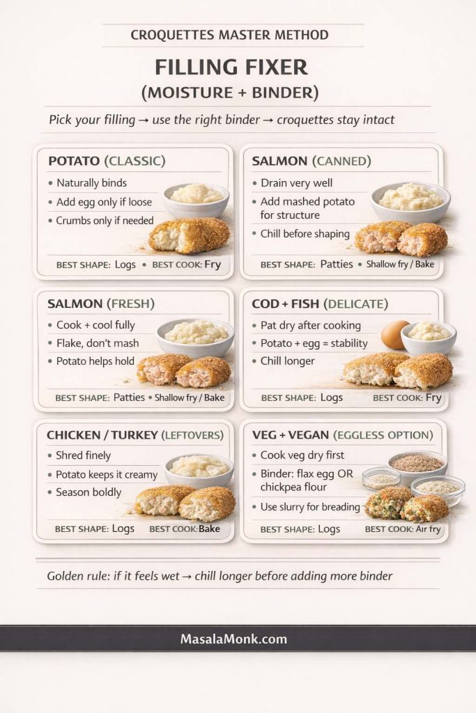 Croquettes master method ‘Filling Fixer’ infographic showing how to keep croquettes from falling apart by matching moisture level to the right binder for six fillings: potato, canned salmon, fresh salmon, cod/fish, chicken/turkey, and veg/vegan, with best shape and best cooking method tips plus a note to chill longer if the mixture feels wet.