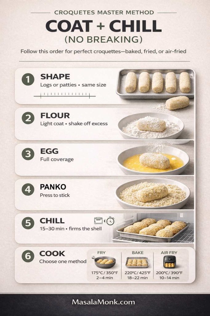 Step-by-step croquettes master method infographic showing how to shape croquettes, coat in flour, dip in egg, press into panko, chill 15–30 minutes, then cook by frying (175°C/350°F 2–4 min), baking (220°C/425°F 18–22 min), or air frying (200°C/390°F 10–14 min), with MasalaMonk.com at the bottom.