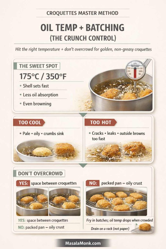 A croquettes master method infographic about oil temperature and batching for crisp, non-greasy croquettes. It highlights the sweet spot of 175°C/350°F, shows what happens when oil is too cool (pale, oily, crumbs sink) or too hot (cracks, leaks, outside browns too fast), and compares spaced frying vs overcrowding. It also notes frying in batches and draining on a rack, with MasalaMonk.com in the footer.