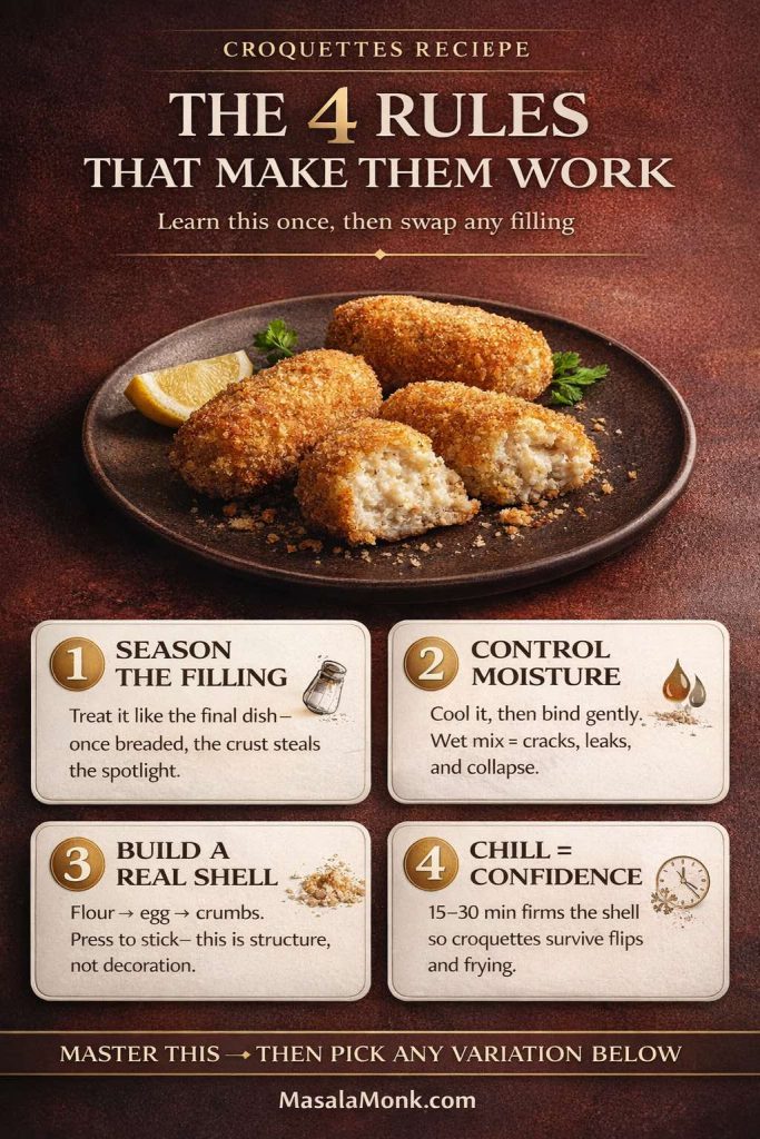 Infographic showing the four rules for a croquettes recipe: season the filling, control moisture, build a strong flour–egg–crumb shell, and chill 15–30 minutes for croquettes that don’t crack, leak, or fall apart. Includes a croquette hero photo and MasalaMonk.com footer.