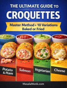 Magazine-style cover graphic titled “The Ultimate Guide to Croquettes” showing four colored lanes—Potato & Ham, Salmon, Vegetarian, and Cheese—with croquettes cut open to reveal fillings, plus “Master Method + 10 Variations (Baked or Fried)” and MasalaMonk.com at the bottom.