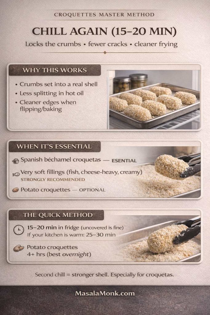 Recipe card infographic showing breaded croquettes on a tray chilling in the fridge for 15–20 minutes to lock in crumbs and reduce cracks. Includes quick notes on why the second chill helps coating adhesion and when it’s most useful (soft fillings like béchamel-based Spanish croquetas), with MasalaMonk.com in the footer.