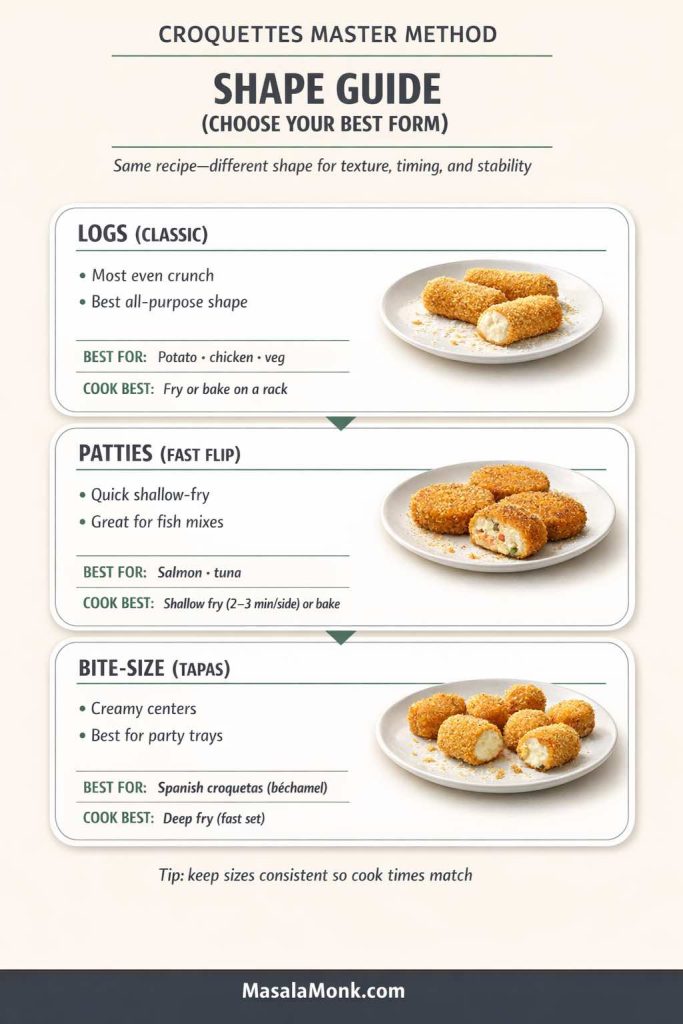Infographic titled “Croquettes Master Method: Shape Guide” showing three croquette shapes—logs (classic), patties (fast flip), and bite-size (tapas). Each card lists what the shape is best for (potato/chicken/veg; salmon/tuna; Spanish croquetas béchamel) and the best cooking method (fry or bake on a rack; shallow fry 2–3 minutes per side or bake; deep fry fast set). Footer reads MasalaMonk.com.