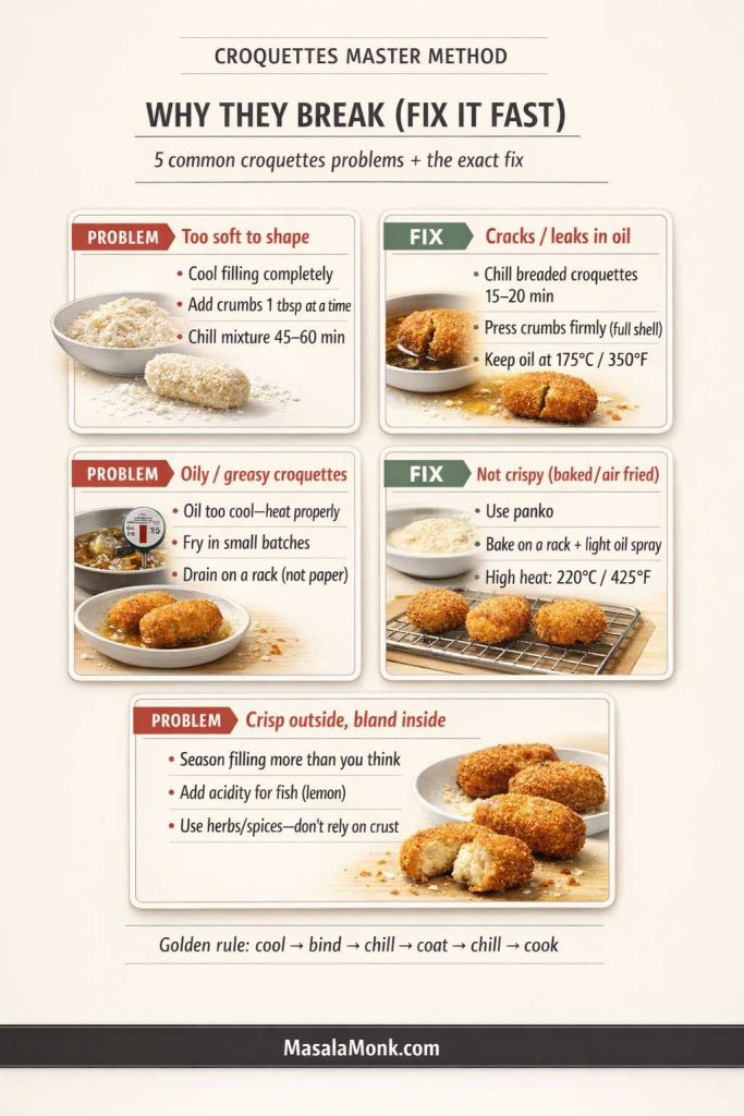 Troubleshooting infographic for croquettes showing five common problems and fixes: too soft to shape (cool filling, add crumbs, chill), cracks/leaks in oil (chill breaded croquettes, press crumbs, keep oil 175°C/350°F), oily croquettes (oil too cool, fry small batches, drain on rack), not crispy baked/air fried (use panko, rack + light oil spray, 220°C/425°F), and crisp outside but bland inside (season filling, add lemon for fish, use herbs/spices). MasalaMonk.com footer.