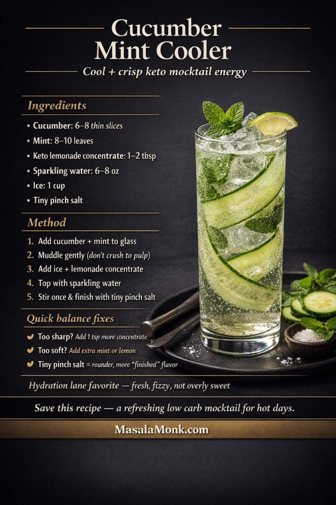 Dark luxury recipe-card infographic for a Cucumber Mint Cooler keto mocktail, showing a sparkling cucumber mint drink with ice, lime wedge, and mint garnish, plus ingredients, method steps, and quick balance tips for a low carb sugar free mocktail.