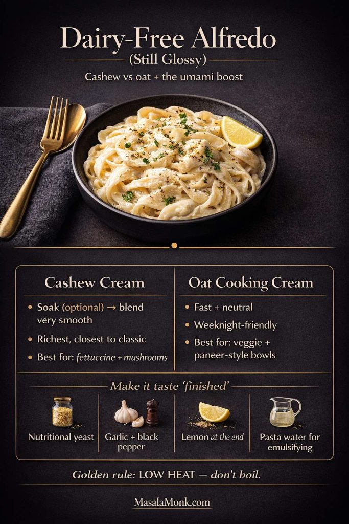 Dark luxe infographic titled “Dairy-Free Alfredo (Still Glossy)” showing a creamy dairy-free Alfredo pasta bowl and a side-by-side comparison of cashew cream versus oat cooking cream, plus an umami boost strip with nutritional yeast, garlic and black pepper, lemon added at the end, and pasta water for emulsifying; includes a low-heat rule and MasalaMonk.com footer.