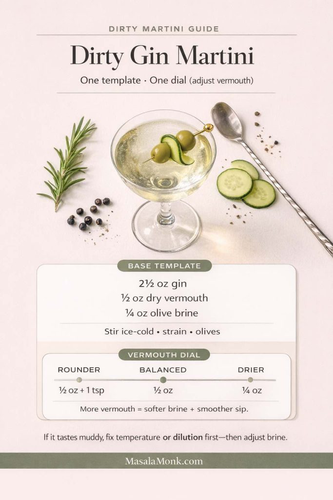 Vertical “Dirty Gin Martini” infographic on a warm cream background showing an overhead coupe-style dirty gin martini with olive and cucumber ribbon, plus juniper/rosemary accents and a bar spoon. Includes a base template (2½ oz gin, ½ oz dry vermouth, ¼ oz olive brine), a vermouth dial (rounder/balanced/drier), a tip to fix temperature or dilution before adding more brine, and “MasalaMonk.com” footer.