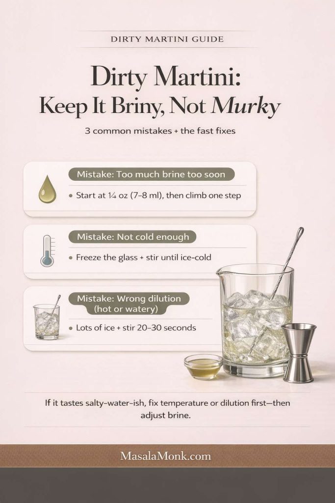 Dirty Martini Guide infographic showing how to keep a dirty martini briny, not murky: start with 1/4 oz olive brine, chill the glass until ice-cold, and use lots of ice to stir 20–30 seconds for proper dilution; includes mixing glass, ice, brine bowl, and MasalaMonk.com footer.