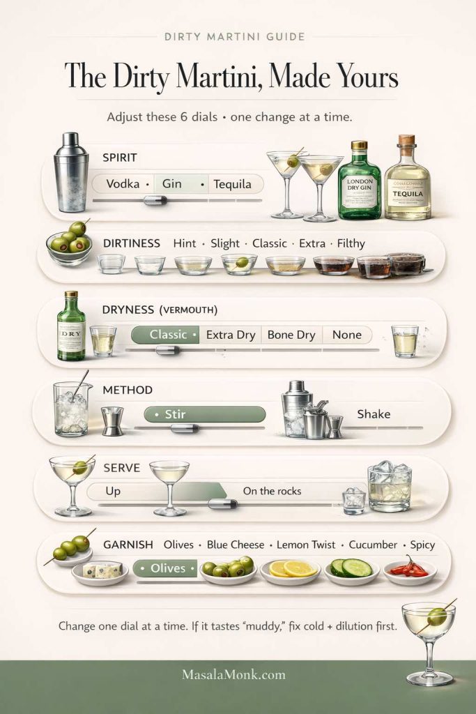 Vertical infographic titled “The Dirty Martini, Made Yours” showing six adjustable “dials” for customizing a dirty martini: spirit (vodka, gin, tequila), dirtiness level, dryness/vermouth, method (stir vs shake), serve style (up vs on the rocks), and garnish options (olives, blue cheese, lemon twist, cucumber, spicy). Includes small food and bar-tool illustrations and a MasalaMonk.com footer.
