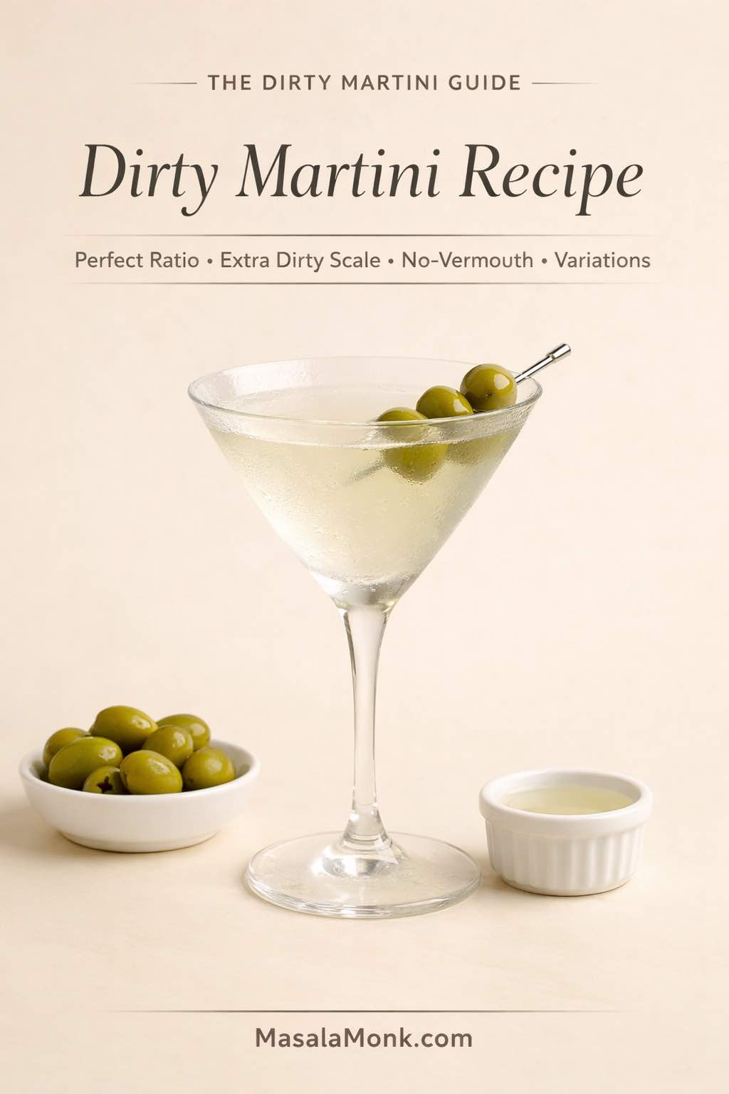 A chilled dirty martini in a coupe-style martini glass with three green olives on a cocktail pick, plus a small bowl of olives and a ramekin of olive brine on a smooth warm-cream studio background. Text overlay reads “The Dirty Martini Guide,” “Dirty Martini Recipe,” and “Perfect Ratio • Extra Dirty Scale • No-Vermouth • Variations,” with MasalaMonk.com in the footer.