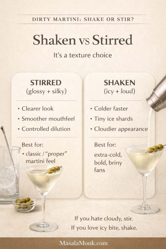 Vertical infographic titled “Dirty Martini: Shake or Stir?” comparing shaken vs stirred dirty martinis. The stirred side says “glossy + silky” with notes: clearer look, smoother mouthfeel, controlled dilution, best for classic “proper” martini feel. The shaken side says “icy + loud” with notes: colder faster, tiny ice shards, cloudier appearance, best for extra-cold bold briny fans. Bottom tip: “If you hate cloudy, stir. If you love icy bite, shake.” Footer: MasalaMonk.com.