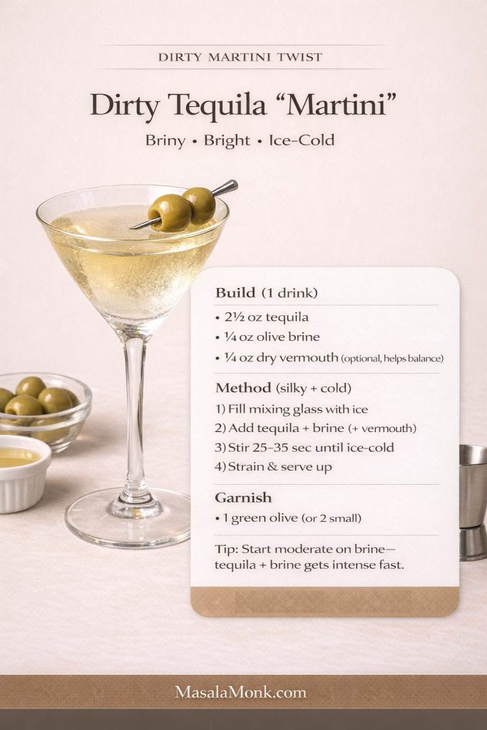 Vertical recipe-card infographic titled “Dirty Tequila ‘Martini’” on a warm cream background. A pale-gold tequila martini sits in a chilled martini glass with two green olives on a pick. A rounded recipe card lists the build (tequila, olive brine, optional dry vermouth), a 4-step stir-and-strain method, garnish guidance, and a tip to start with moderate brine. Footer reads MasalaMonk.com.
