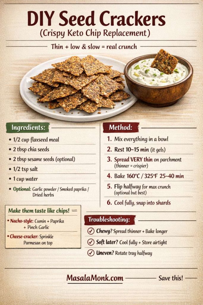 DIY seed crackers recipe card showing crispy flax-chia seed crackers as a low carb keto chip replacement with ingredients (flaxseed meal, chia, sesame, salt, water), bake temp 325°F/160°C for 25–40 minutes, thin spread tip, and troubleshooting for chewy or soft crackers.