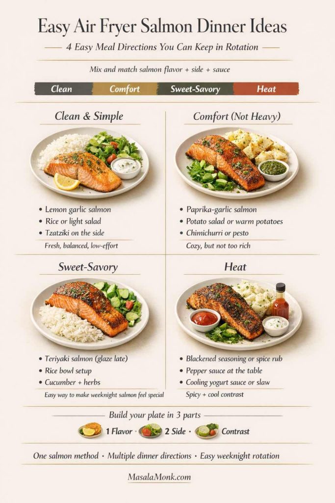 Infographic titled “Easy Air Fryer Salmon Dinner Ideas” showing four meal directions for air fryer salmon: Clean & Simple (lemon garlic salmon with rice or salad and tzatziki), Comfort (paprika-garlic salmon with potatoes and chimichurri/pesto), Sweet-Savory (teriyaki salmon with rice and cucumber), and Heat (blackened salmon with pepper sauce and a cooling yogurt sauce or slaw). Includes a “build your plate in 3 parts” tip: flavor, side, and contrast.