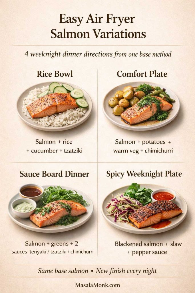 Use this easy air fryer salmon variations guide to turn one base air fryer salmon recipe into four weeknight dinners: a rice bowl, a comfort plate, a sauce-board dinner, and a spicy blackened salmon plate. It’s a quick visual planner for keeping salmon meals interesting without changing the core method.