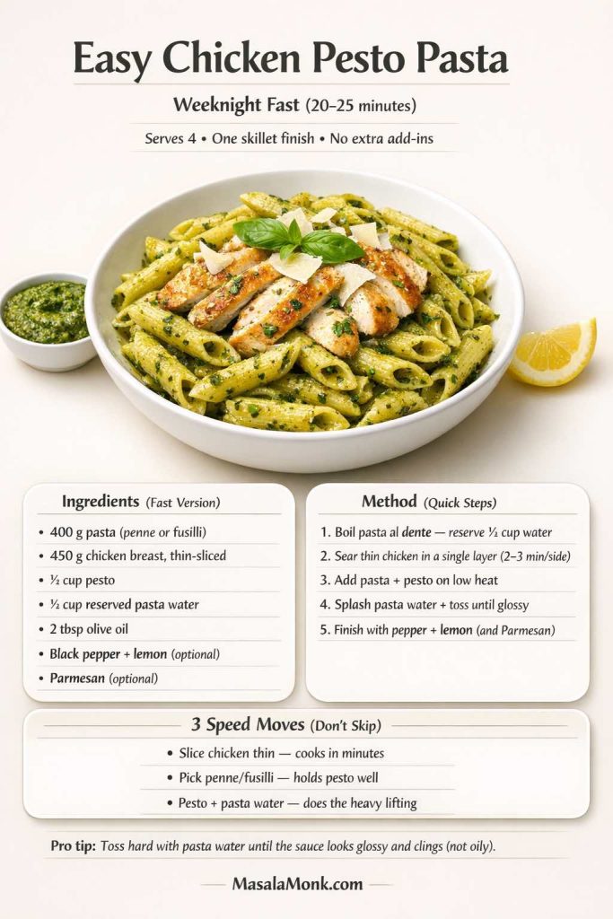 Recipe card for “Easy Chicken Pesto Pasta — Weeknight Fast (20–25 minutes)” showing a bowl of pesto penne topped with sliced chicken, plus a fast-version ingredients list, quick method steps (reserve pasta water, sear thin chicken, toss pesto on low heat until glossy), three speed moves, and a pro tip to toss with pasta water so the sauce clings instead of turning oily.