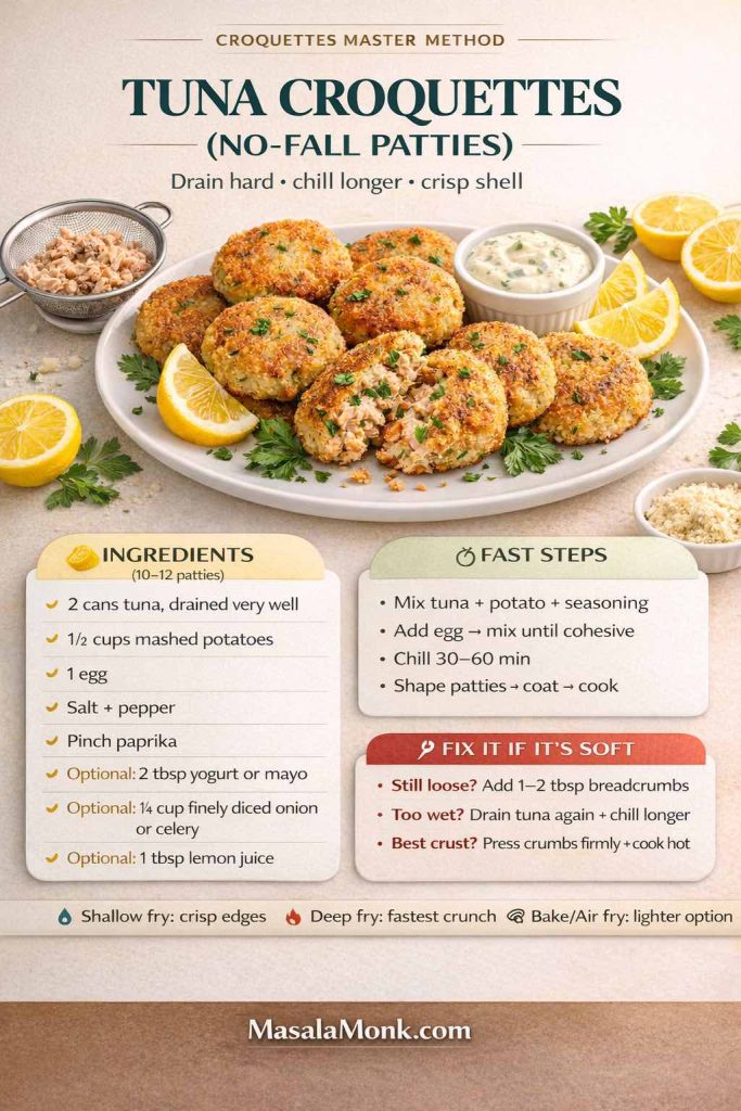 Tuna croquettes recipe card showing crispy tuna croquette patties with lemon wedges and creamy dip, plus a no-fail guide: ingredients for 10–12 patties, fast steps (mix, chill 30–60 minutes, shape, coat, cook), and fixes if the mixture is soft (add breadcrumbs, drain tuna again, press crumbs firmly), with MasalaMonk.com footer.
