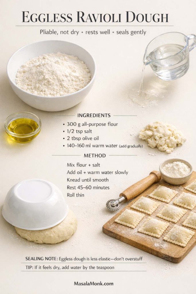 Full-page recipe card titled ‘Eggless Ravioli Dough’ on a warm-cream background. It shows a bowl of flour, olive oil, warm water being poured, a dough ball resting under an inverted bowl, and finished eggless ravioli on a board. Text lists ingredients (flour, salt, olive oil, warm water) and method (mix, add water slowly, knead, rest 45–60 min, roll thin) plus a sealing note not to overstuff.