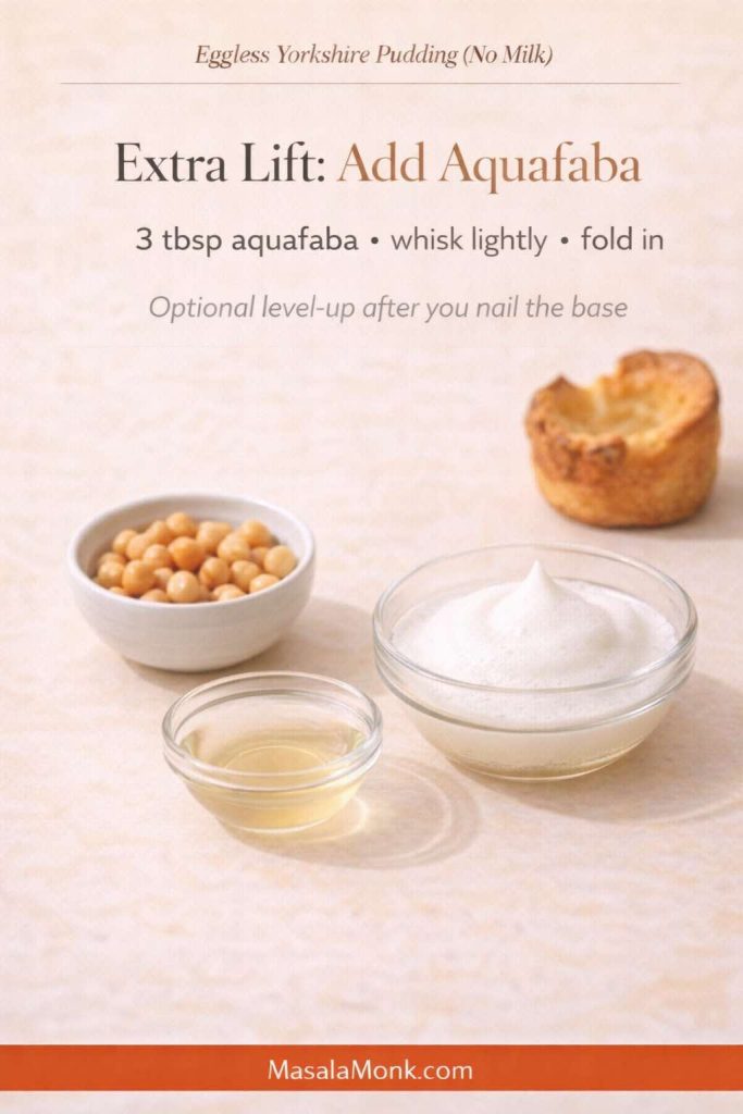 Infographic for eggless Yorkshire pudding (no milk) titled “Extra Lift: Add Aquafaba,” showing bowls of chickpeas, aquafaba liquid, and lightly whipped aquafaba with instructions “3 tbsp aquafaba • whisk lightly • fold in,” plus MasalaMonk.com in the footer.