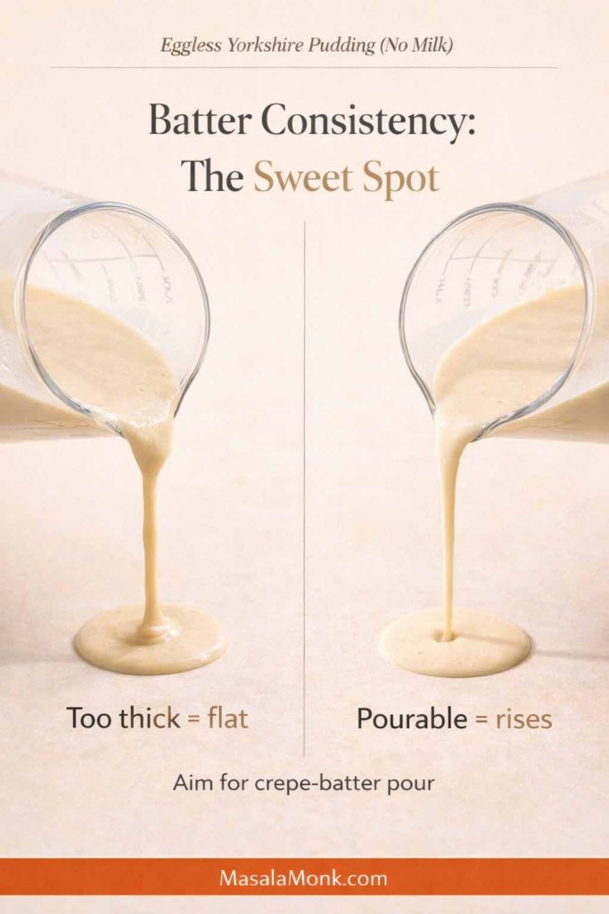 Split comparison of Yorkshire pudding batter consistency for an eggless no-milk recipe: left shows batter pouring thick with the note “too thick = flat,” right shows a thinner pourable batter with “pourable = rises,” plus “aim for crepe-batter pour” and a MasalaMonk.com footer.