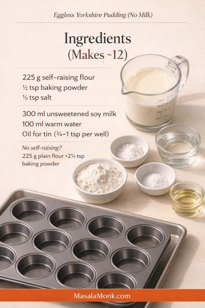 Flat lay of ingredients for eggless Yorkshire pudding with no milk, including self-raising flour, baking powder, salt, unsweetened soy milk, warm water, and oil with a muffin tin, plus a note for substituting plain flour; MasalaMonk.com footer.