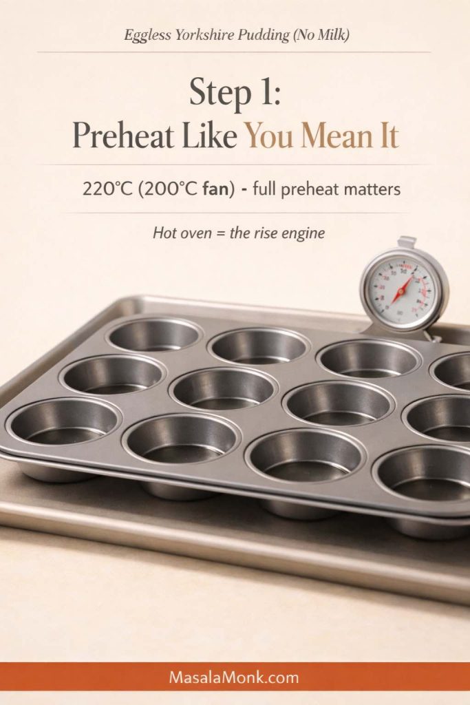 Empty metal muffin tin on a baking tray beside an oven thermometer reading 220°C, labeled Step 1 for eggless Yorkshire pudding (no milk): fully preheat the oven because high heat drives the rise, with MasalaMonk.com in the footer.