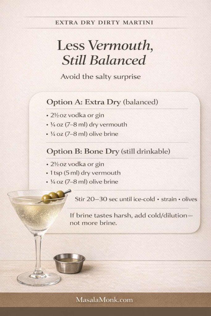Vertical infographic titled “Extra Dry Dirty Martini” with headline “Less Vermouth, Still Balanced” and subtitle “Avoid the salty surprise.” It shows two options: Option A Extra Dry—2½ oz vodka or gin, ¼ oz dry vermouth, ¼ oz olive brine; Option B Bone Dry—2½ oz vodka or gin, 1 tsp dry vermouth, ¼ oz olive brine. It says “Stir 20–30 sec until ice-cold • strain • olives” and notes “If brine tastes harsh, add cold/dilution—not more brine.” Photo shows a chilled martini with olives on a warm-cream background. Footer: MasalaMonk.com.