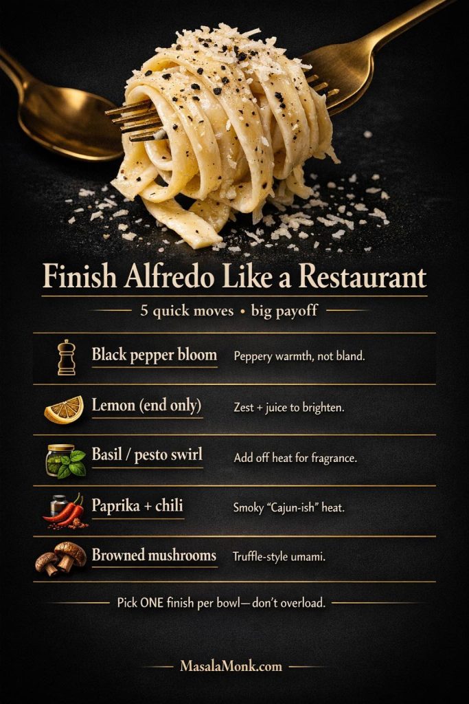 Want Indian inspired Alfredo pasta to taste “restaurant-level” fast? Use one finishing move: black pepper bloom, lemon at the end for brightness, basil/pesto off heat, paprika + chili for a smoky Cajun-ish lane, or browned mushrooms for truffle-style umami. Save this guide and use it with any twist in the post—masala, paneer tikka, korma, spinach paneer, or coconut curry.