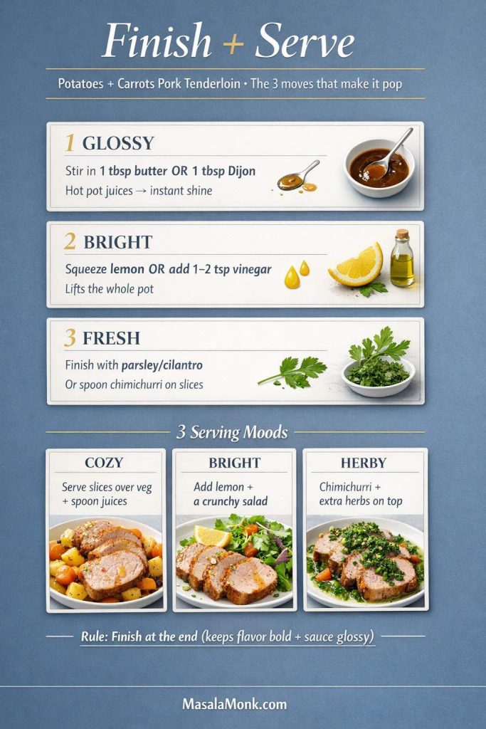 Infographic titled “Finish + Serve” for slow cooker pork tenderloin with potatoes and carrots, showing three finishing moves: stir butter or Dijon into hot pot juices for gloss, add lemon or vinegar for brightness, and finish with parsley/cilantro or chimichurri. Includes three serving moods—cozy, bright, herby—and the rule to add sauces at the end.