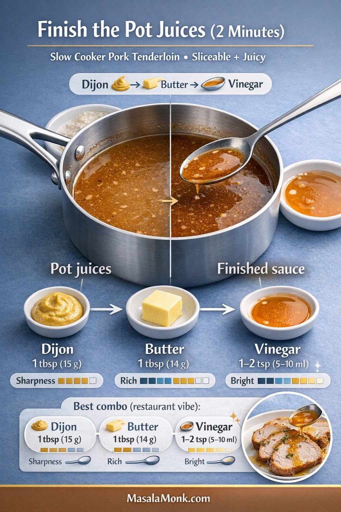 Infographic showing how to finish slow cooker pork tenderloin pot juices in 2 minutes: stir in Dijon mustard (1 tbsp), butter (1 tbsp), and a splash of vinegar (1–2 tsp) to turn thin crock pot juices into a glossy, brighter sauce. Includes “before vs finished” sauce visual, a best-combo strip, and a spooning-over-slices example.