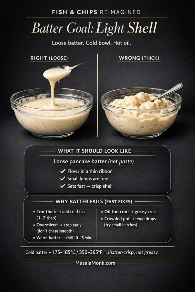 Vertical guide card showing two glass bowls of fish and chips batter on a dark studio background. Left bowl is labeled “RIGHT (LOOSE)” with batter flowing in a thin ribbon from a spoon. Right bowl is labeled “WRONG (THICK)” with paste-like batter clinging to a spoon. Text explains loose pancake batter, small lumps are fine, and cold batter plus 175–185°C oil makes a crisp, not greasy shell. MasalaMonk.com footer.