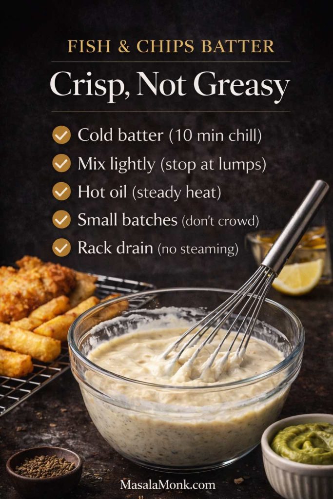 Dark, magazine-style guide card showing a glass bowl of fish and chips batter with a whisk, chips and a piece of fried fish on a rack in the background, plus a small bowl of green chutney dip. Text overlay reads “Fish & Chips Batter: Crisp, Not Greasy” and lists tips: cold batter, mix lightly, hot oil, small batches, rack drain. Footer says “MasalaMonk.com.”