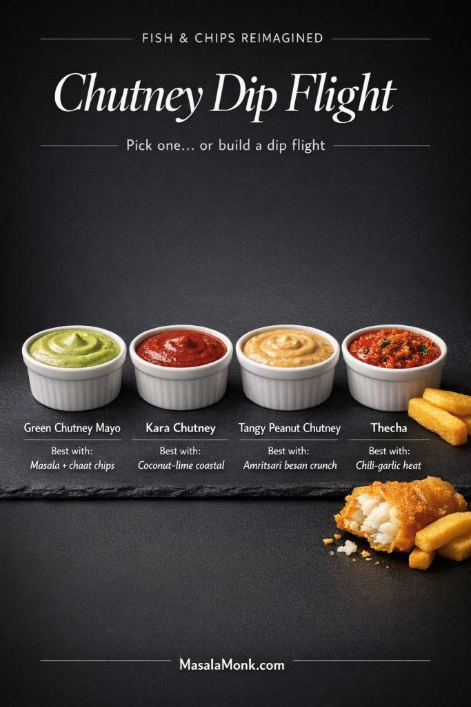 Dark editorial guide card titled “Chutney Dip Flight” for fish and chips, showing four white ramekins: green chutney mayo, kara chutney, tangy peanut chutney, and thecha. Text under each dip suggests the best pairing with Indian twists (masala + chaat chips, coconut-lime coastal, Amritsari besan crunch, chili-garlic heat). A crispy fish piece and thick chips sit at the bottom right. Footer reads “MasalaMonk.com.”