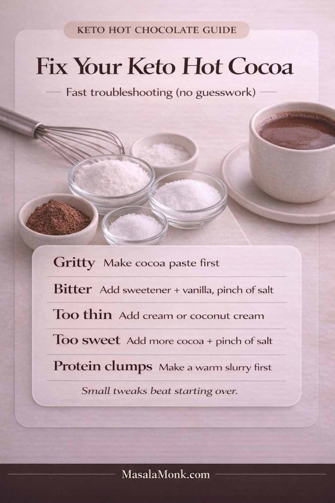 Photoreal “Fix Your Keto Hot Cocoa” troubleshooting infographic showing a mug of hot cocoa with cocoa powder, sweetener, salt, and whisk, plus quick fixes for gritty, bitter, too thin, too sweet, and protein clumps in sugar-free low carb hot chocolate.