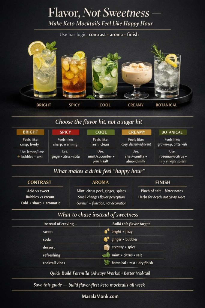Dark luxe infographic titled “Flavor, Not Sweetness — Make Keto Mocktails Feel Like Happy Hour” showing five keto mocktail flavor styles (bright, spicy, cool, creamy, botanical) with example drinks, a flavor framework (contrast, aroma, finish), and a guide for swapping sugar cravings with flavor-first keto mocktail ideas.