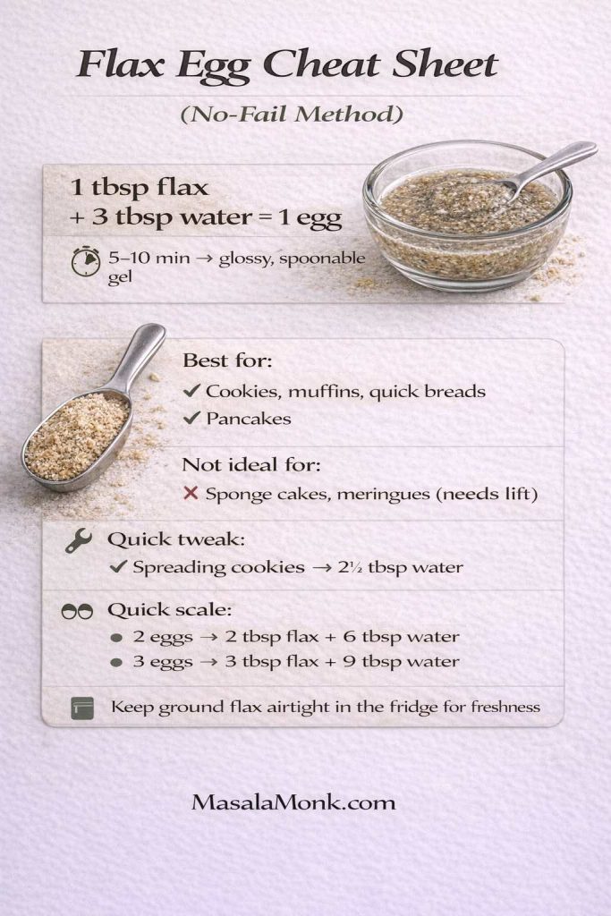 Photorealistic infographic titled “Flax Egg Cheat Sheet (No-Fail Method)” showing the flax egg ratio: 1 tablespoon ground flaxseed plus 3 tablespoons water equals 1 egg, resting 5–10 minutes until a glossy, spoonable gel. It lists best uses (cookies, muffins, quick breads, pancakes), not-ideal uses (sponge cakes, meringues), a cookie spread tweak (2½ tbsp water), quick scale for 2 and 3 eggs, and a storage tip to keep ground flax airtight in the fridge. MasalaMonk.com branding.
