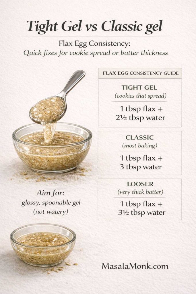 Vertical infographic titled “Tight Gel vs Classic Gel” explaining flax egg consistency for baking. It shows three flax egg ratios: tight gel for cookies that spread (1 tbsp flax + 2½ tbsp water), classic gel for most baking (1 tbsp flax + 3 tbsp water), and a looser mix for very thick batter (1 tbsp flax + 3½ tbsp water). Includes texture cue “glossy, spoonable gel” and MasalaMonk.com branding.