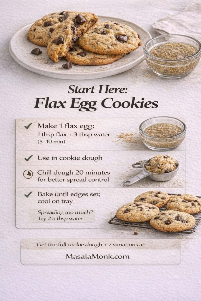 Photorealistic vertical recipe-card infographic titled “Start Here: Flax Egg Cookies” showing chocolate chip cookies and a bowl of flax egg gel. It explains how to make 1 flax egg (1 tbsp ground flaxseed + 3 tbsp water, rest 5–10 minutes), use it in cookie dough, chill dough 20 minutes for better spread control, and bake until edges are set then cool on the tray. Includes tip: “spreading too much? try 2½ tbsp water” and MasalaMonk.com branding.
