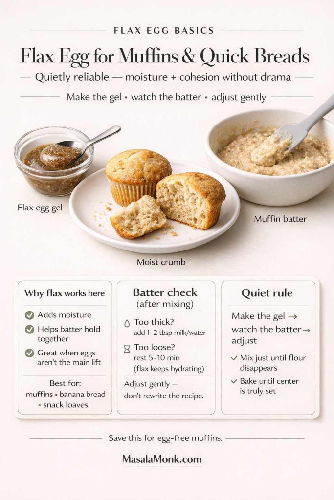 Vertical infographic titled “Flax Egg for Muffins & Quick Breads” with the subtitle “Quietly reliable — moisture + cohesion without drama.” It shows a bowl labeled “Flax egg gel” with a spoon, a plate with muffins (one cut open) labeled “Moist crumb,” and a bowl labeled “Muffin batter.” Three cards explain: why flax works (adds moisture, helps batter hold together, best when eggs aren’t the main lift); a batter check (if too thick add 1–2 tbsp milk or water, if too loose rest 5–10 minutes as flax hydrates); and a “quiet rule” (make the gel, watch the batter, adjust; mix just until flour disappears; bake until center is truly set). MasalaMonk.com footer.