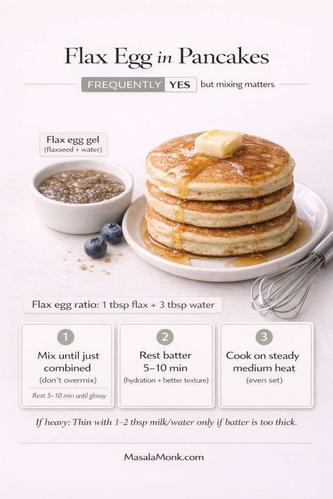 Vertical infographic titled “Flax Egg in Pancakes” with a “Frequently Yes” label and photoreal stack of pancakes with butter and syrup. A bowl labeled “Flax egg gel (flaxseed + water)” sits beside the pancakes. The graphic lists the flax egg ratio (1 tbsp flax + 3 tbsp water) and three tips: mix until just combined (don’t overmix), rest batter 5–10 minutes for hydration and better texture, and cook on steady medium heat for an even set. It adds: if heavy, thin with 1–2 tbsp milk/water only if batter is too thick. MasalaMonk.com branding.