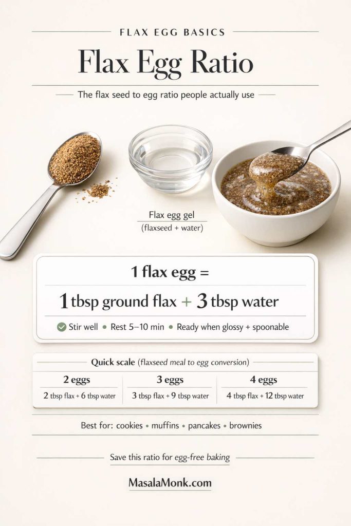 Vertical infographic titled “Flax Egg Ratio” showing a tablespoon of ground flax, a small bowl of water, and a bowl labeled “Flax egg gel (flaxseed + water)” with a spoon lift. It states: 1 flax egg = 1 tbsp ground flax + 3 tbsp water, with steps “stir well, rest 5–10 minutes, ready when glossy and spoonable.” A quick scale table shows conversions for 2 eggs (2 tbsp flax + 6 tbsp water), 3 eggs (3 tbsp flax + 9 tbsp water), and 4 eggs (4 tbsp flax + 12 tbsp water). It notes “Best for: cookies, muffins, pancakes, brownies” and includes MasalaMonk.com branding.